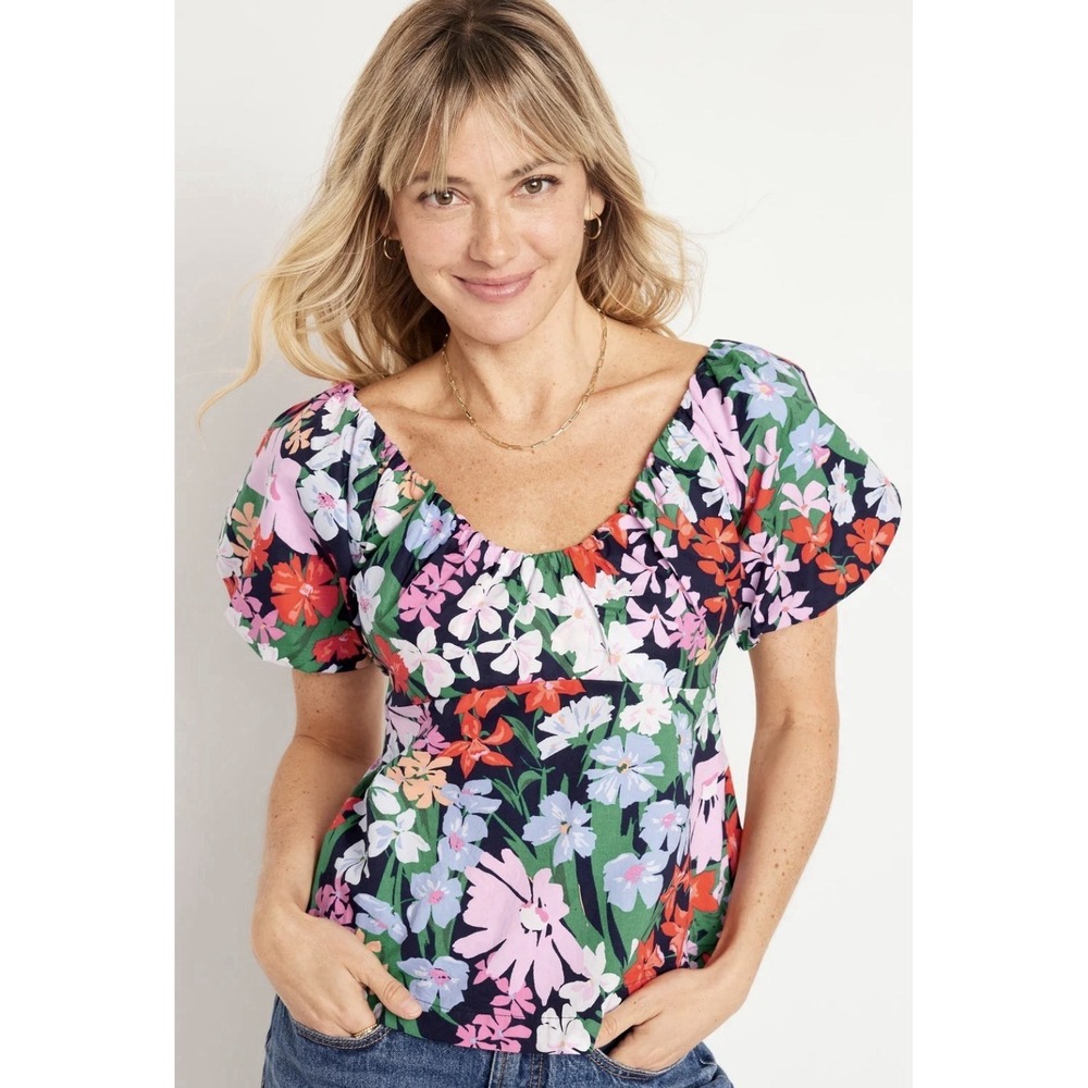Old Navy Women's Black Floral Puff Sleeve Blouse Cottagecore Size Large New